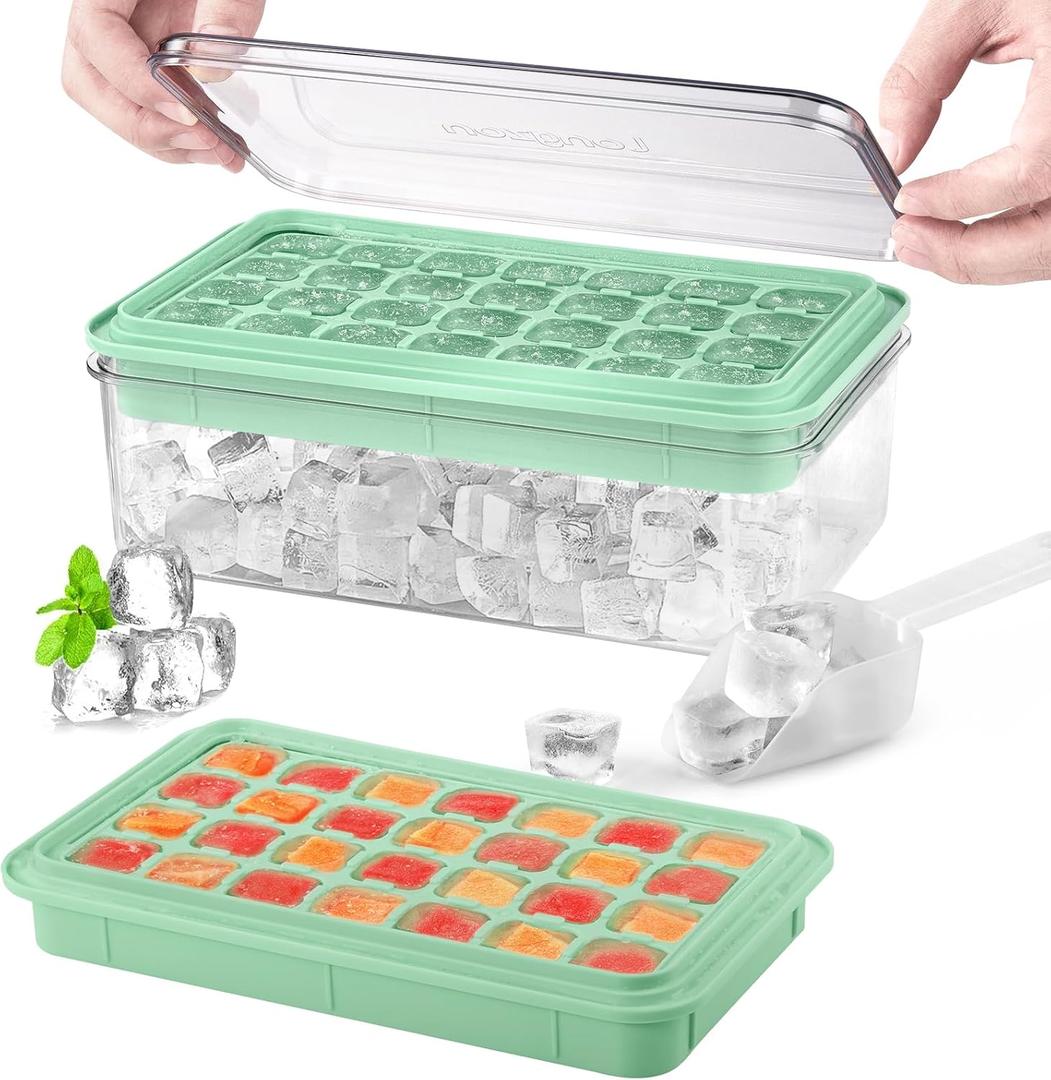 Ice Cube Tray with Lid and Bin, 56 Pcs Ice Cube Trays for Freezer, Ice Cube Mold, Ice Molds Spill-Resistant Removable Lid & Ice Scoop, Ice Mold for Whiskey Cocktail, Tea, Coffee -Green