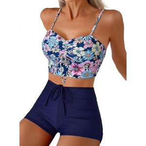 Herseas High Waisted Bikini Sets for Women Floral Print Two Piece Tummy Control Swimsuits Drawstring Short Bathing Suit (Blue, L)