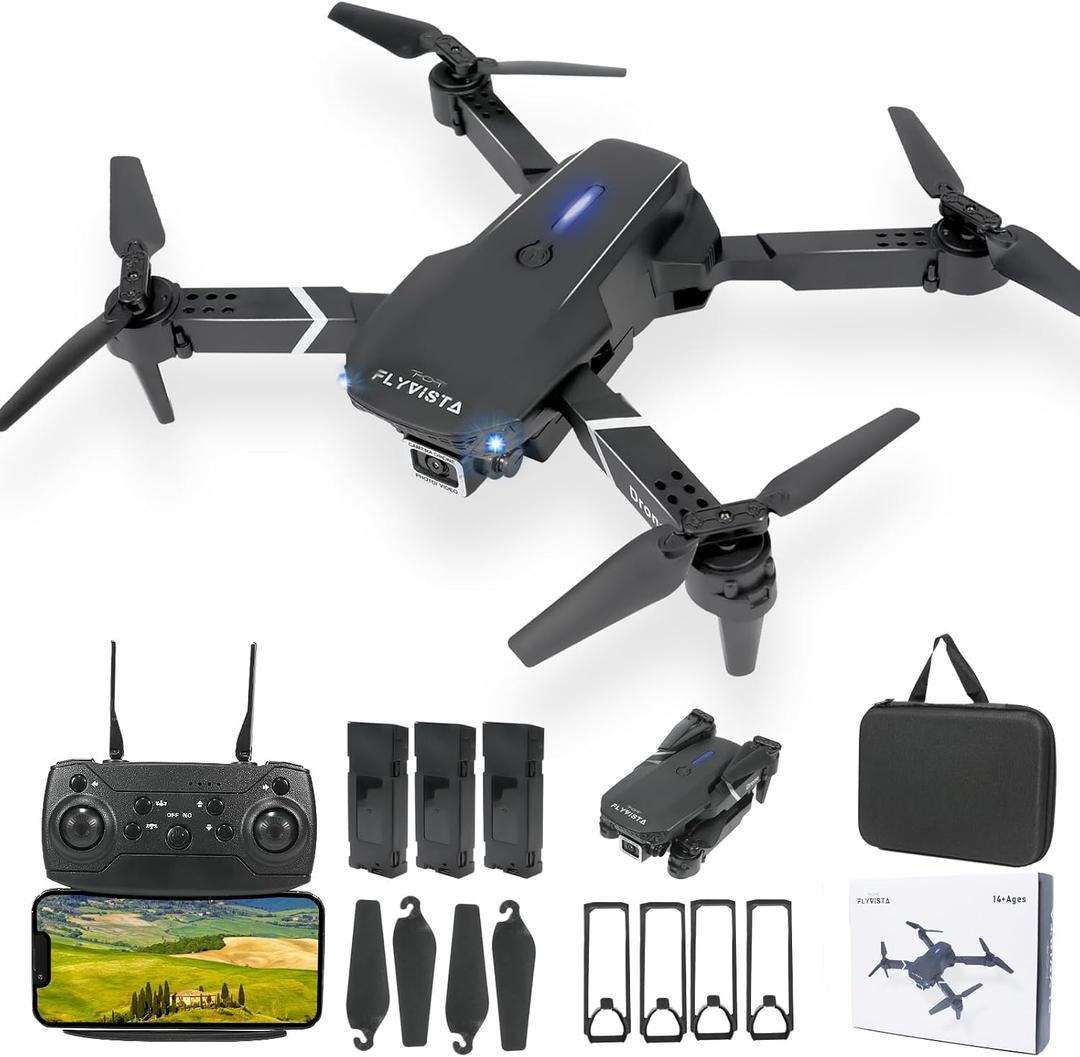 FLYVISTA Mini Drone with Camera for Adults Kids, 1080P WiFi FPV Camera Drone with 3 Batteries, One-Click Take Off/Landing, Altitude Hold, Headless Mode, 360 Flips, 3-Gear Speeds, Emergency Stop, Carrying Case, Toys Gifts for Kids and Adults Beginner