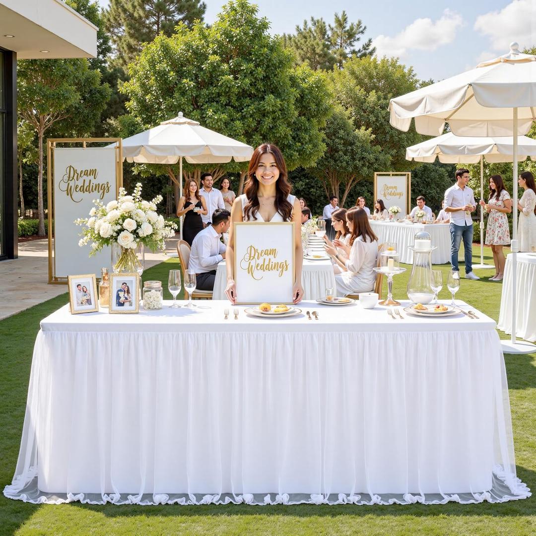 familus 6ft White Table Cloths for Rectangle Tables, 2-in-1 Spandex Fitted Tulle Table Skirt, Rectangular Ruffle Tutu Tablecloth for Craft Fairs, Banquets & Trade Show Display