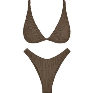 ZAFUL Women's Sexy Two Piece Swimwear Textured Triangle Plunging Neck High Cut Cheeky Bikini Set Solid Color Swimsuit (Large, Deep Coffee)