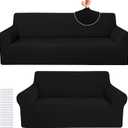 Peryiter 2 Pcs Sofa Covers Couch and Loveseat Covers Set Stretch Sofa Slipcover for Living Room Armchair Furniture Protector, Wrinkle Proof(Black,Jacquard)