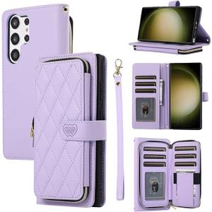 Wallet Case for Samsung Galaxy S25 Ultra 6.9 inch with Zipper Card Holder & Shoulder Strap & Wrist Strap, Crossbody Purse Handbag Stylish Protective Cover for Galaxy S25 Ultra -Purple