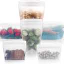 Reusable food container silicone bag, Full Set 6, 2 Cups, 2 Dishes, 2 Bags Zip Containers Storage, 100% Silicone Reusable Food Bag, Stand Up Preservation Bag, Rounded interior for easy cleaning. (white)