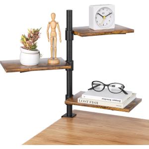 Clamp On Desk Shelf 3-Tier, Adjustable Height Wood Shelving Unit for Office Desk Gaming Accessories, 360 Rotatable Storage Tray, Desktop Book Organizer Storage Rack, Shelf for Top of Desk