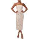 Lulus Isla Strapless Midi Dress for Women Floral Jacquard Strapless Elegant Column Fit Evening Party Cocktail Midi Dress Champagne. L Size