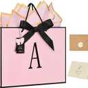 ZUKEPU Birthday Gift Bag, Personalized Initial Pink Gift Bags for Women & Girls, Medium Valentines Gift Paper Bags with Card and Tissue Paper, Stands up perfectly for Weddings, Party & All Holidays (Pink, A-Medium)