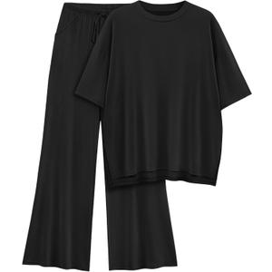 Womens Lounge Set 2026 Summer 2 Piece Outfits Oversized Short Sleeve Tops & Wide Leg Pant Matching Sets Clothing (Large, Black)