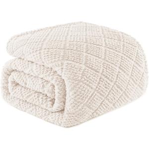 Whale Flotilla Fuzzy Fleece Queen Size Blanket for Bed, Soft Fluffy Jacquard Waffle Blankets for All Season, Lightweight and Warm, 90x90 Inch, Ivory