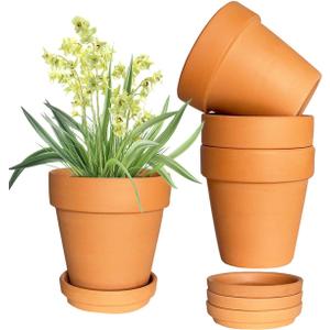 6 Inch Terracotta & Clay Plant Pots with Drainage Hole and Saucer- 4 Pack Medium Terra Cotta Pots for Indoor Outdoor Plants, Breathable Unglazed Classic Planter Pots for Succulents, Herbs, Flowers