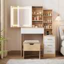 GarveeHome Makeup Vanity Desk with Sliding Mirror, Vanity Dressing Table with 3 Color Adjustable Lights, Girls Vanity Set with Stool, 4 Compact Vanity Drawers, Power Outlet, Natural