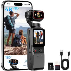 4K Vlogging Camera with WiFi, 180 Rotating Lens, 6-Axis Stabilization, Touchscreen, 32GB Card, Portable Handheld POV Camera, Personal Pocket Body Cam for Travel, Vlog, Selfies, Sports & Daily