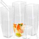 Oomcu 50 Pack 5 oz Small Square Clear Plastic Dessert Tumbler Cups Serving Bowl with 50 PCS Plastic Tasting Spoons for Desserts Appetizers Puddings Tiramisu Ice Cream Yogurt Candies Mousse