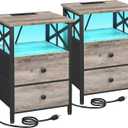 AMHANCIBLE Night Stand Set 2, LED Nightstand with Charging Station, End Tables Living Room with Fabric Drawers, Bedside Table for Bedroom, Greige, HET052LGY