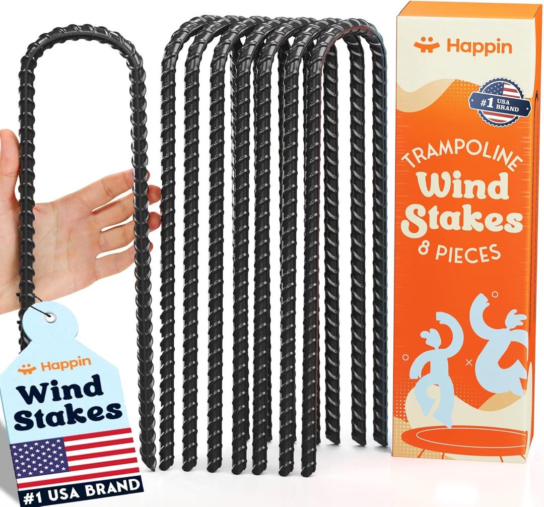 Happin Ultra Strong Trampoline Stakes Anchors High Wind, Ground Anchors Heavy Duty, Trampoline Tie Down Anchor Kit, Ground Stakes Galvanized Steel, Trampoline Accessories, U Shaped (8 Pack, Black)