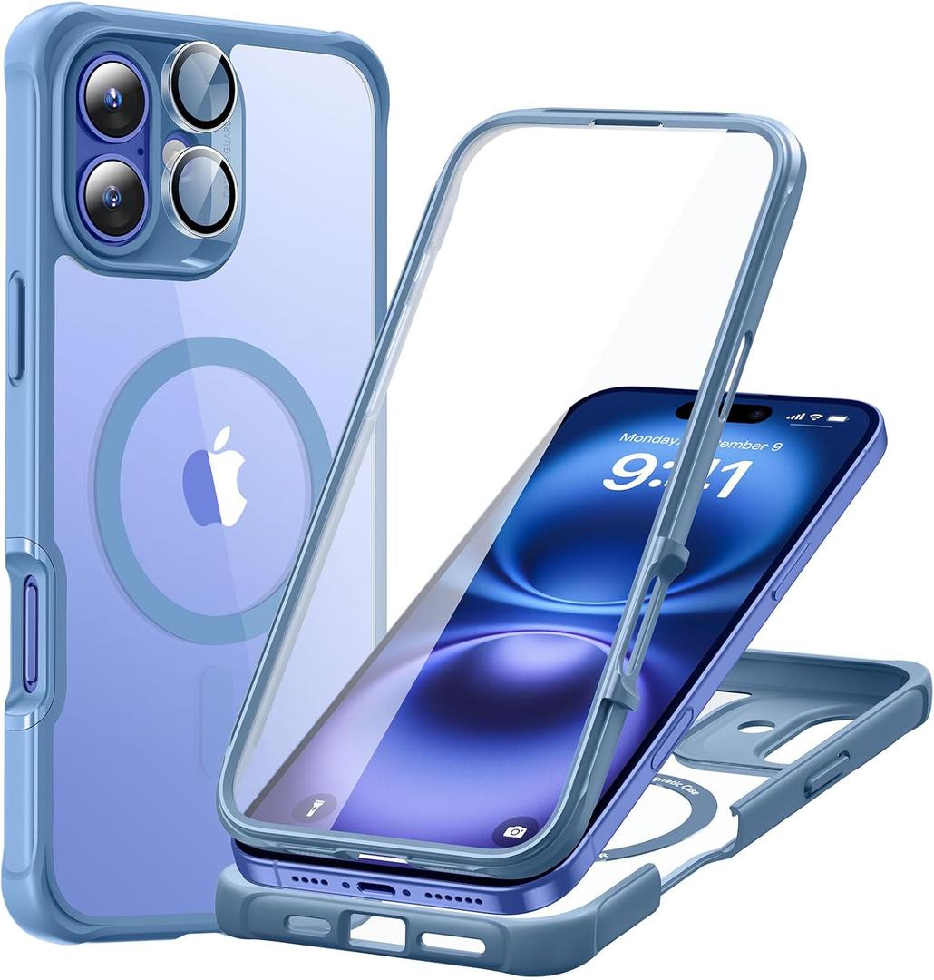 ESR for iPhone 16 Plus Case, Compatible with MagSafe, Full-Body Military-Grade Drop Proof Case with Built-in 9H+ Tempered Glass Screen Protector, Armor Series, Clear Blue