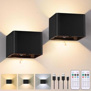 Yochoice Motion Sensor Wall Sconces with Remote Control, 6000mAh Black Wireless Touch Control Rechargeable Lamps with 3 Color Temperatures, LED Up Down Battery Operated Wall Lights Indoor, 2-Pack