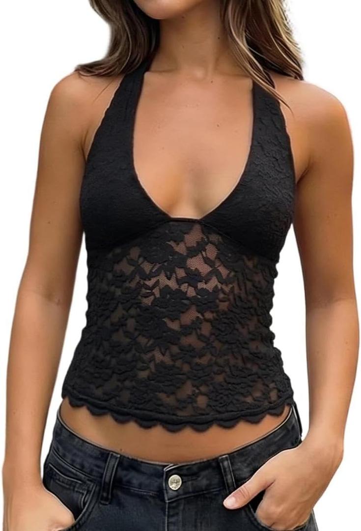 Women Sexy V Neck Lace Halter Top Backless Sheer Mesh Y2k Trendy Going Out Tops (M)