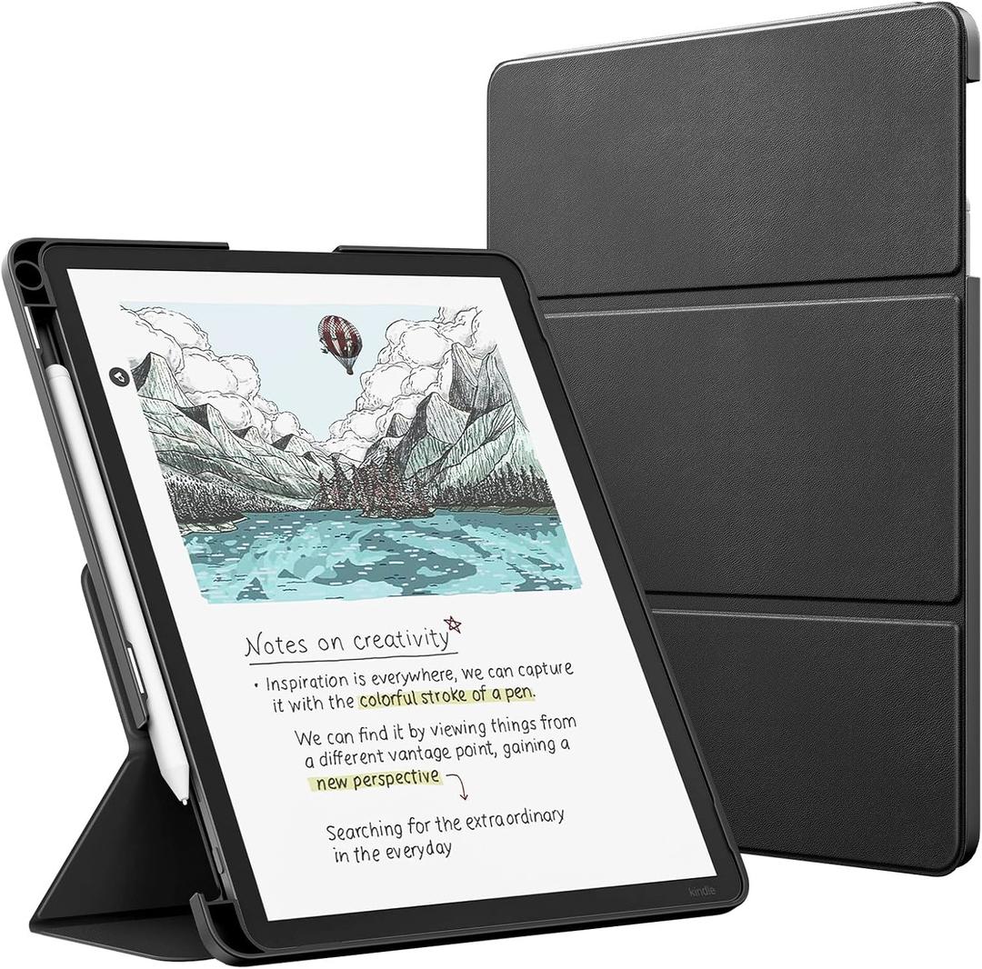 MoKo Stand Case for 11" Kindle Scribe 3rd& Colorsoft 2025, Black | Premium Leather Trifold Stand Cover with Pen Slot, Auto Sleep/Wake,Water Proof