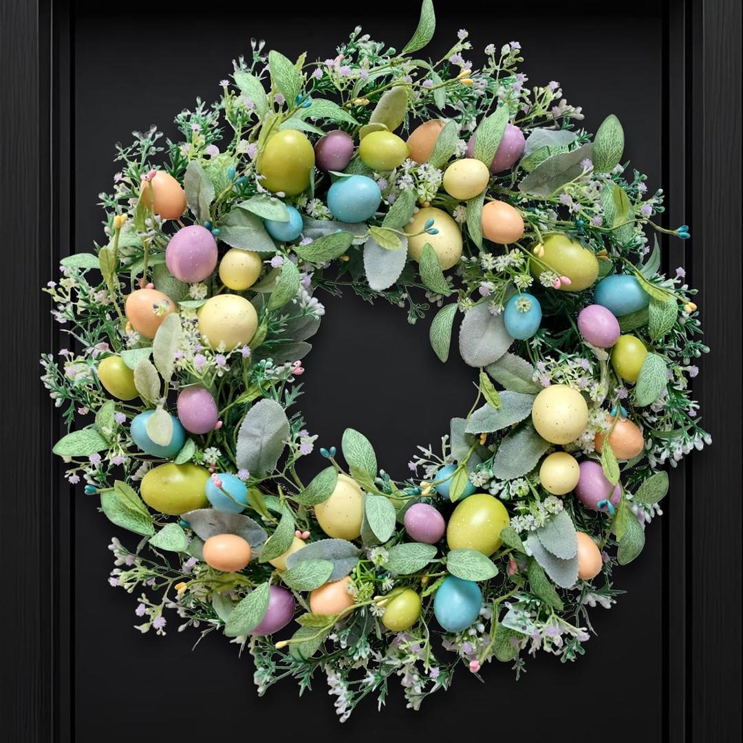 Easter Wreath, 20" Easter Colorful Eggs Door Wreath, Easter Wreaths with Green Leaves for Front Door Hanging Decorations for Home Party Farmhouse Spring Summer Indoor Outdoor Decor