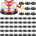 Skylety 80 Pcs 6 Inch Cake Containers with Lid and 2 Rolls Ribbons Plastic Disposable Cake Containers Black Cake Box Clear Bakery Cake Carrier with Transparent Dome Product for Cupcake Transport