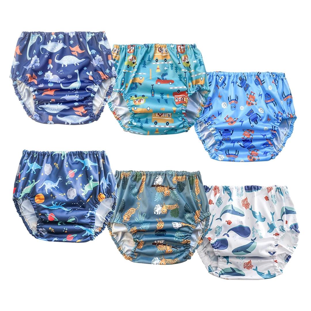 BISENKID 6 Packs Waterproof Potty Training Plastic Underwear Covers for Potty Training Pants and Good Elastic Rubber Pants for Toddlers Disposable Diapers Boys, 4T