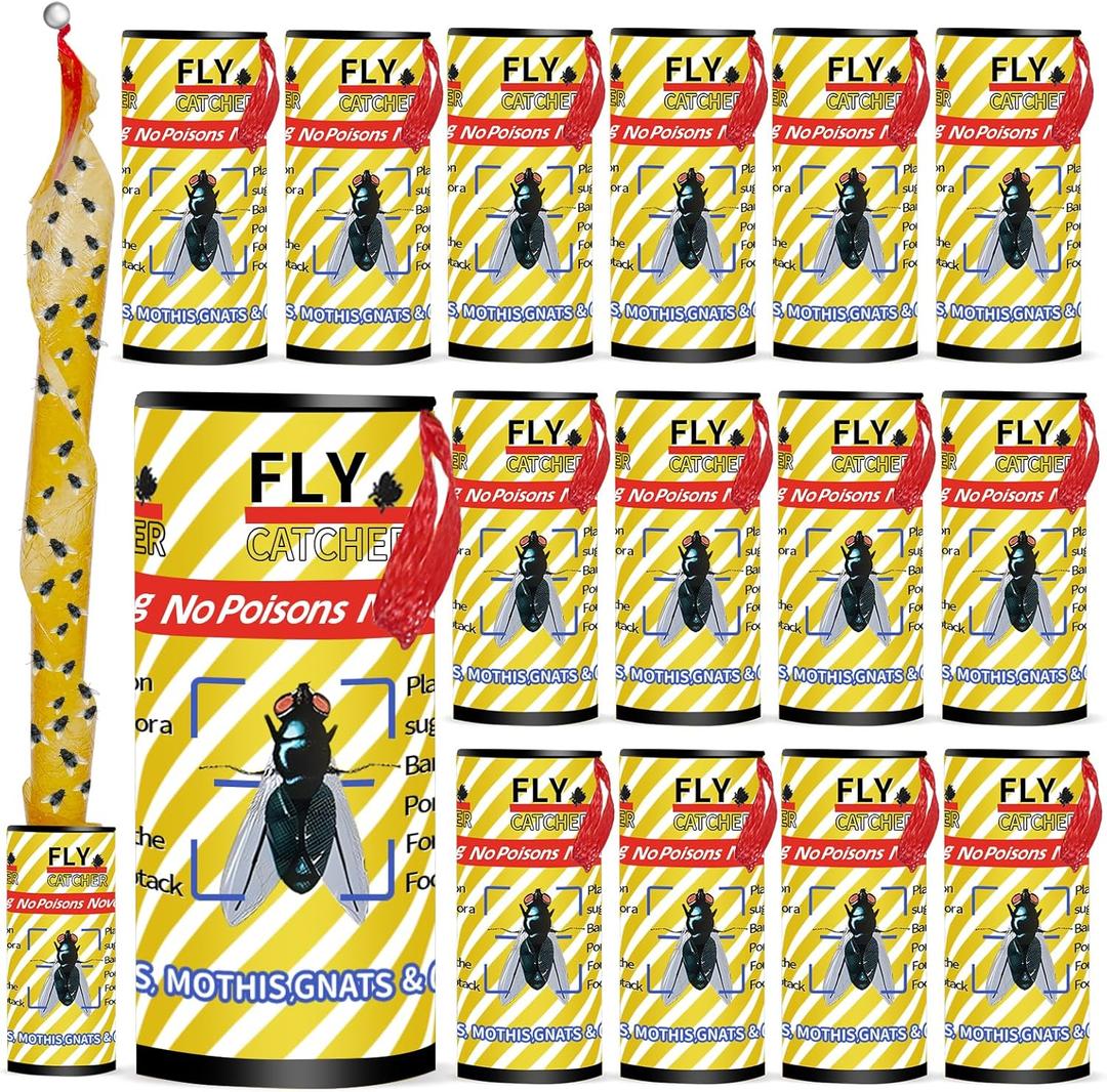 16 Pack Pestoptek Fly Ribbon for Indoor and Outdoor, Hanging Strips Sticky, Fruit Flies Traps, Fly Tape Killer Catcher for Bug, Gnat, Insect and Mosquito