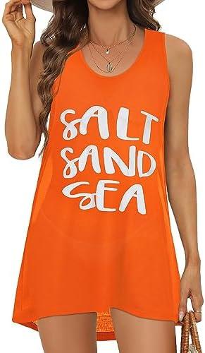 elescat Womens Swimsuit Cover Up Summer Sleeveless T Shirt Beach Dress Tank Bikini Coverups, L