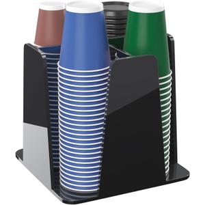 Coffee Cup Organizer for Countertop - Rotating Plastic Cup Holder 4 Compartments Black Acrylic Cup and Lid Holder for Coffee Bar Restaurant Breakroom Disposable Paper Coffee Cup Dispenser