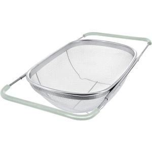 AJIODA Over The Sink Colander, 6 Quarts Stainless Steel Oval Colander with Expandable Rubber Grip Handle, Fine Mesh Strainer Baskets Kitchen Colanders for Strain, Drain, Rinse Vegetables, Large, Mint Green