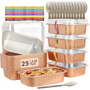 LNYZQUS 7 x 5 Small Aluminum Pans with Lids 25 Pack, 1.5lb Heavy Duty Foil Baking Tins To Go Containers,Individual Leftover Containers Baked Food Holders Boxes for Oven Grill-Champagne