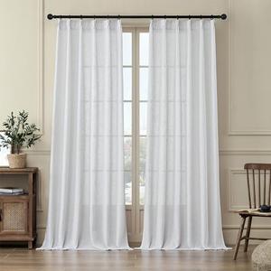 MASWOND White Pinch Pleated Curtains 90 Inches Long 2 Panels for Living Room Semi Sheer Linen Curtains Pinch Pleat Drapes for Traverse Rod Light Filtering Curtains for Dining Bedroom W38xL90 Length