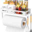 Paper Towel Holder with Shelf, One Hand Tear, Paper Towel Holder Wall Mount with 2 Detachable Hooks for Kitchen, Bathroom, White