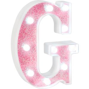 EUFONY Pink Glitter Marquee Light Up Letters, Battery Powered LED Alphabet Letter Lights Sign for Birthday Party Table Decorations, Wall Decor for Girls Room, Pink Initial Letter G w/Cool White Lights