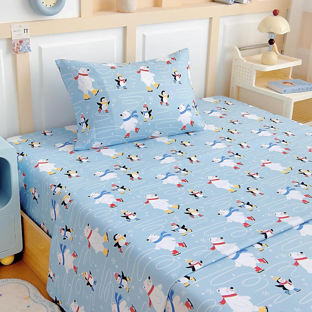 Twin Sheet Set Kids - Ice Skating 3 Pieces Soft Microfiber Cartoon Style Bedsheets for Boys Girls Teens, Oeko TEX Breathable 15 Inch Deep Pocket Sheets(Penguin & Polar Bear)