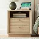 Nightstand with Charging Station, Mid Century Modern Nightstand with Wood Grain Texture, Boho End Table with Drawers Storage, Bedside Table for Bedroom Living Room Office, White Oak