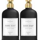 Vine Creations Black Glass Soap Dispenser, 2 Pack Kitchen Soap Dispenser Set with Stainless Steel Pump, 16 oz Dish Soap and Hand Soap Dispensers for Bathroom with Waterproof Labels (Matte Black Bottle / Brushed Gold Pump)