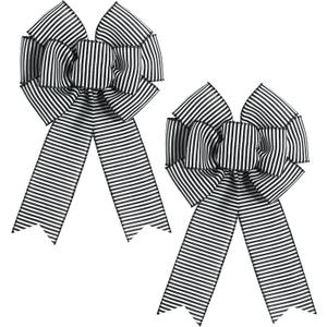 2pcs Black White Stripe Wreath Bows, Farmhouse Burlap Bow for Wreath Rustic Crafts Decorative Hanging Ornament Bow for Indoor Outdoor Wedding Holiday Birthday Party Decor