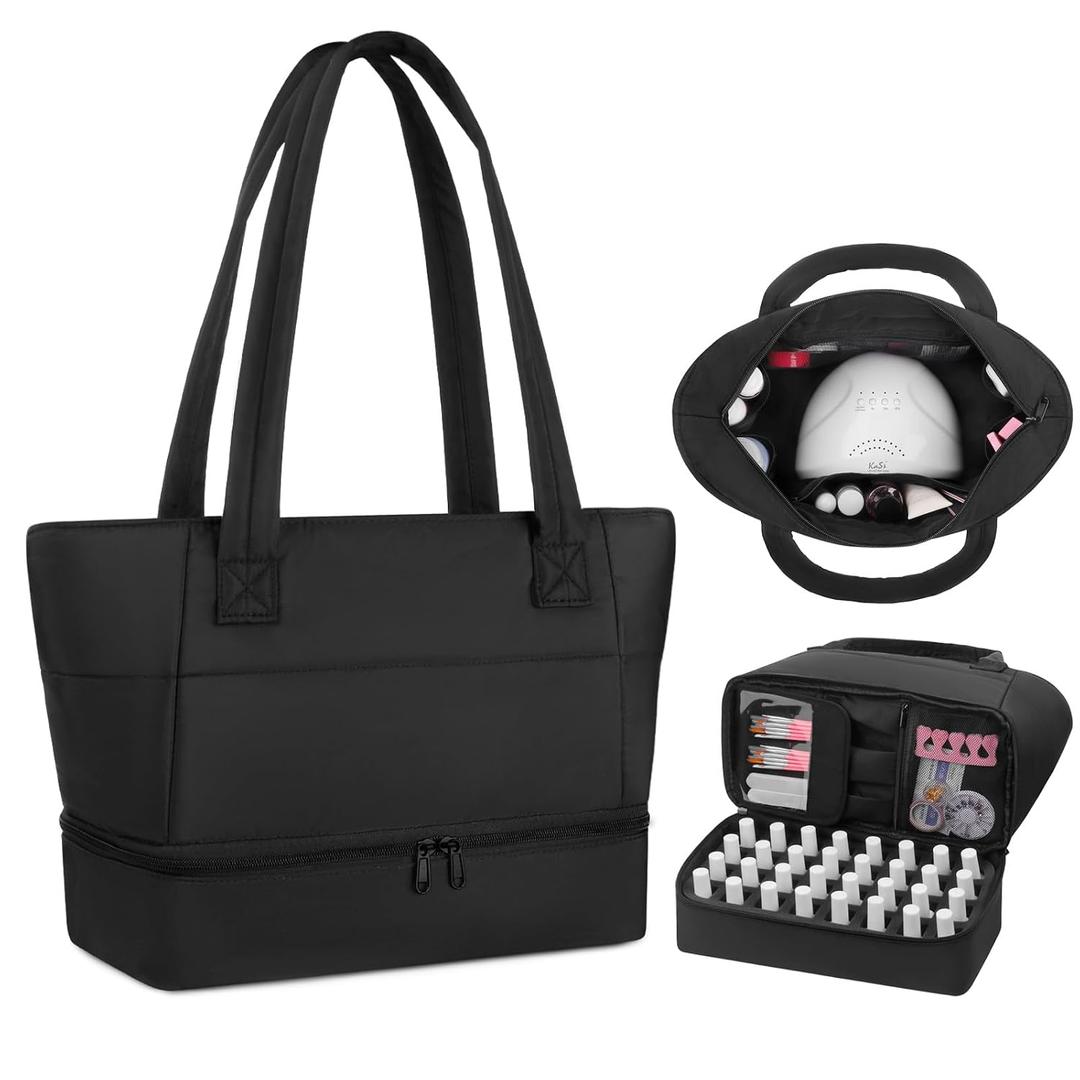 Nail Polish Organizer Holds 32 Bottles Nail Polish & Nail Lamp, Nail Organizers and Storage for Nail Stuff, Double Layer Nail Bag Organizer Case with Portable Handle for Travel