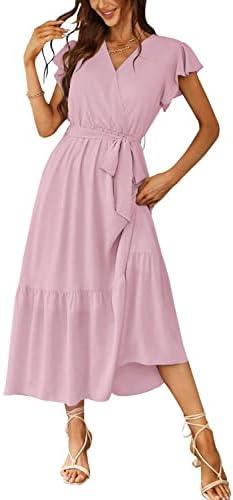PRETTYGARDEN Women's Summer Floral Boho Maxi Dress Wrap Short Sleeve V Neck Ruffle A-Line Flowy Wedding Guest Long Dresses (Medium)