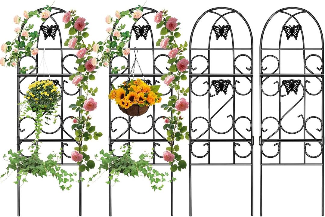 AMAGABELI Garden & Home 4 Pack Garden Trellis for Climbing Plants 60" x 18" Black Iron Trellis for Potted Plant Support Butterfly Metal Trellis for Climbing Roses Vine Flower Cucumber Clematis GT02