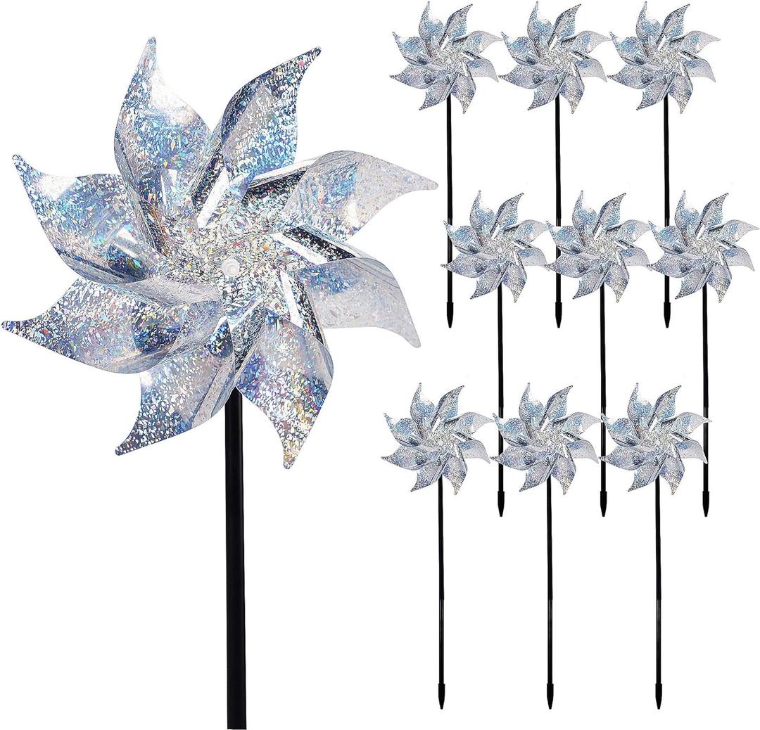 Hausse 10 Pack Reflective Pinwheels with Stakes (Assembly Required), Extra Sparkly Pin Wheel for Garden Decor, Bird Repellent Devices Deterrent to Scare Birds Away from Yard Patio Farm (Silver)