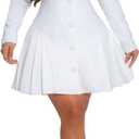 acelyn Womens Sexy Square V Neck Short Wedding Dresses Long Sleeve Button A-Line Pleated Blazer Club Party Mini Dress White S