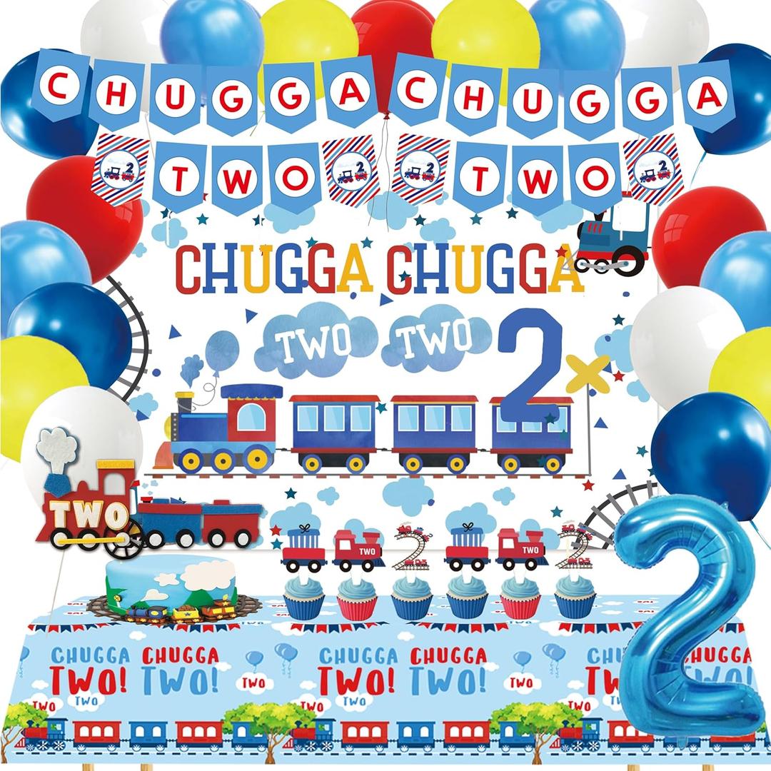 Train 2nd Birthday Party Supplies, Chugga Chugga Two Two Party Supplies, 2nd Birthday Decorations for Boys, 2nd Train Birthday Decorations