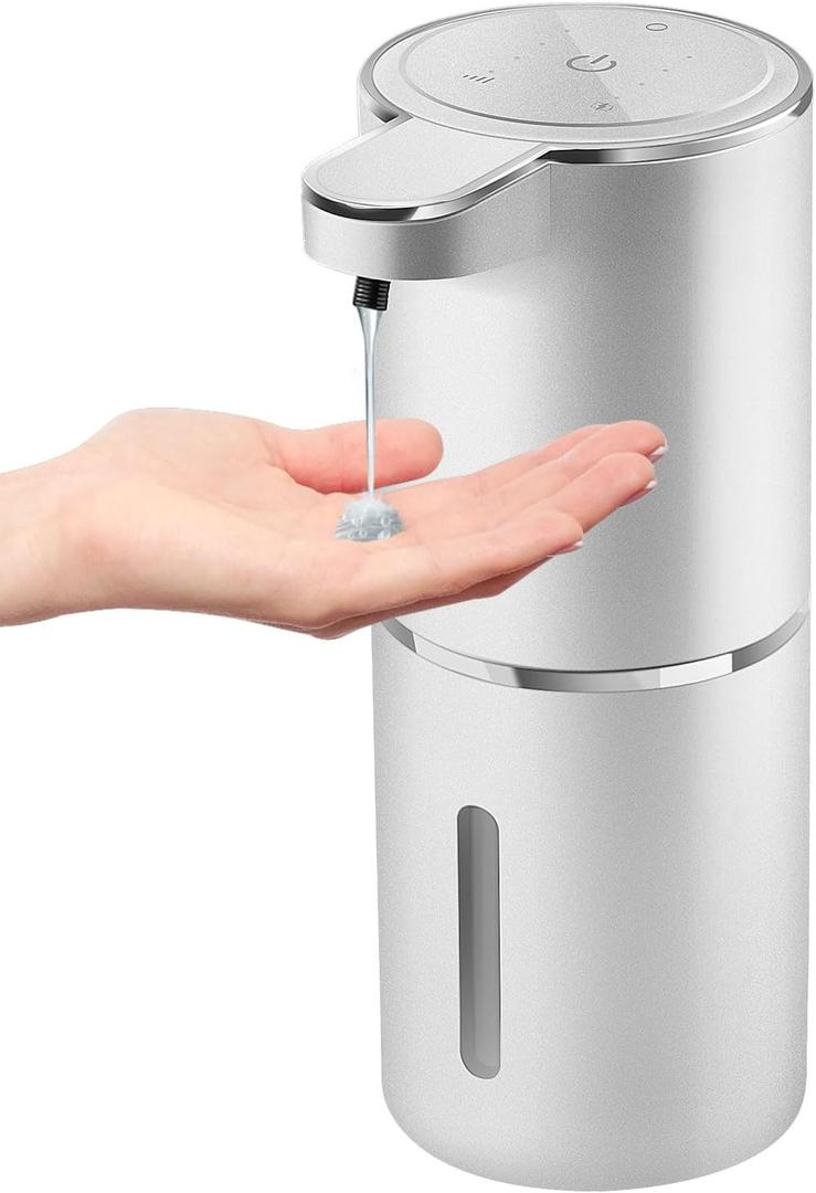 Automatic Liquid Soap Dispenser,4-Level Adjustable, Wall Mount,USB Rechargeable,12.8oz/ 380ml,Touchless Hand & Dish Soap Dispenser for Bathroom, Kitchen,Hotel, Restaurant (Silvery)