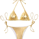 Women's Metallic Shiny Bathing Suit High Waisted Triangle Tie Side Swimsuit Bikini Set XXL, Gold