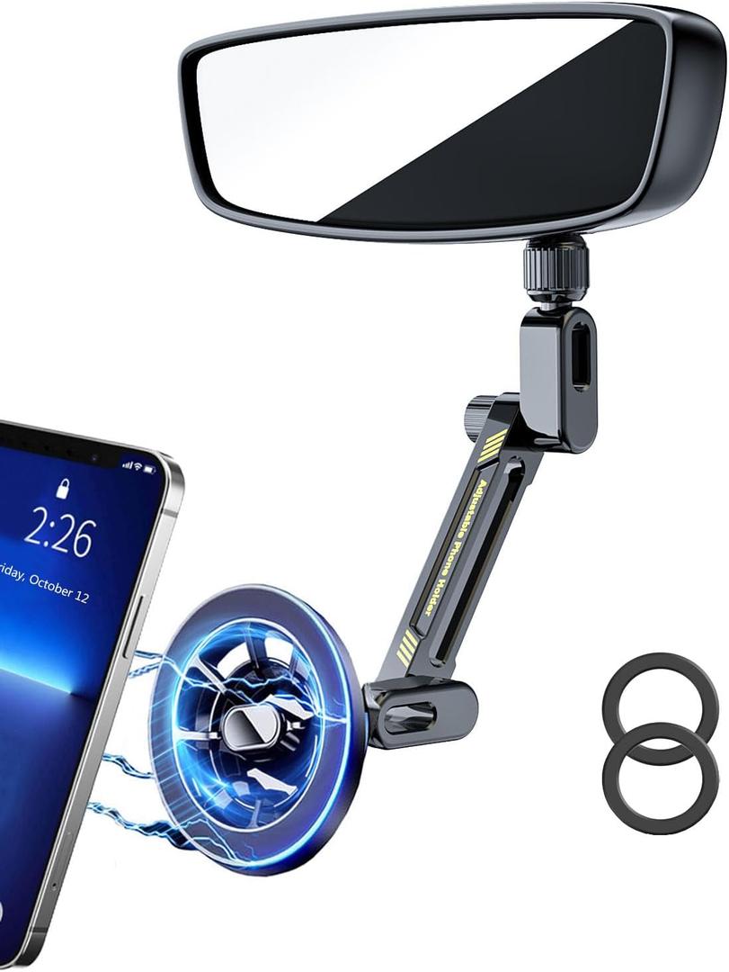 Magnetic Phone Holder for Car, Rear View Mirror Phone Holder Car Mount Magsafe 360 Adjustable with Metal Body, Aluminum Alloy Rearview Cellphone Stand Fit for iPhone 16 15 14 13 12 Series