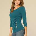 Allegra K Women's V Neck Tops 3/4 Sleeves Solid Knitted Buttons Decor Ruched Blouse (Teal, S)