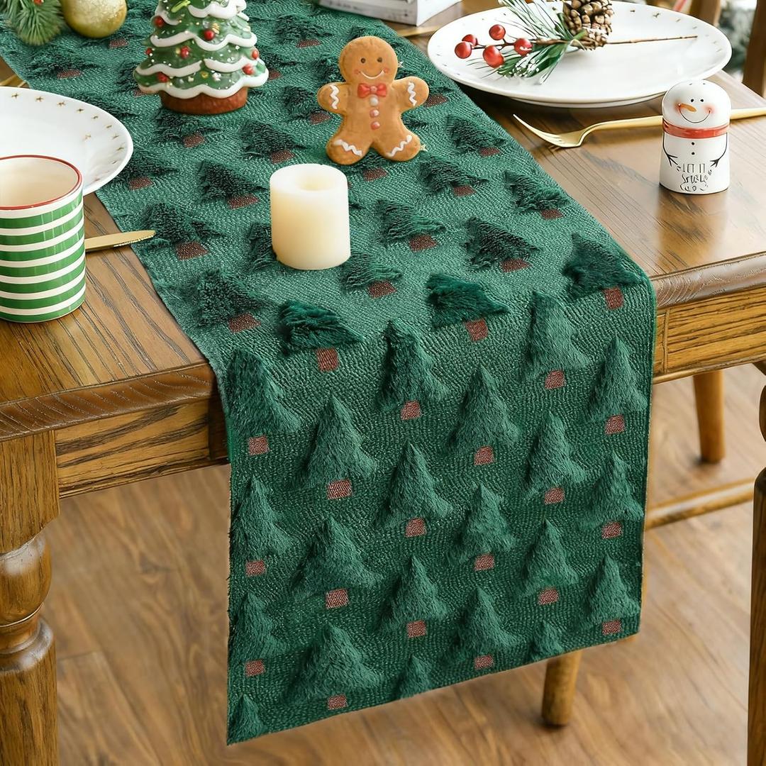 Christmas Table Runner, Xmas Trees Green Soft Plush Faux Fur Jacquard Kitchen Dining Table Decoration for Farmhouse Home Party Decor 13x72 Inch (Green B, 13" x 72")