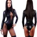 Women Sexy Leather Lingerie Bodysuits Erotic Leotard Club Latex Costume (Black, S)